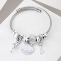 Silver-plated bangle with ballet dancer, white shell charms and colorful crystal beads - C2-001 White