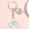 Blue ocean mermaid tail keychain with a miniature shell wishing bottle pendant - Blue Wishing Bottle Mermaid Tail Style (E5013)