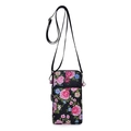 Mini floral phone crossbody bag in black nylon with pink roses and adjustable strap - Spring Blossoms