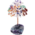 Handcrafted gemstone tree with colorful crystal leaves on a purple fluorite crystal base - Amethyst and Multicolor Chips / 12cm