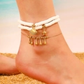 Bohemian multi-layer anklet with white beads, golden starfish and shell charms - White Disc Gold Shell Starfish Multi-layer Anklet (09白色H-194)