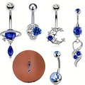 5-piece silver belly button ring set with blue zircon stars and moon pendants - Set Style