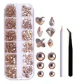 Champagne gold 12-grid nail art rhinestones kit with wax pen and tweezers set - Champagne Gold with Tweezers & Pen (ZSHZ-208 with Tools)