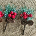 Mini Christmas pine needle pick with red berries and pine cones with snowy finish - Snow Pine Needle 5 Berries 2 Pine Cones