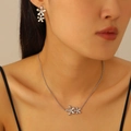 Elegant silver teardrop flower jewelry set with long pull necklace and earrings - Stainless Steel Flower Stud Earrings & Necklace Set