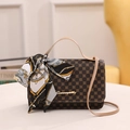 Classic brown floral pattern satchel bag with decorative scarf and shoulder strap - Khaki