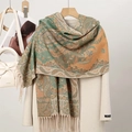 Thick paisley core-spun yarn scarf in green and orange tones with elegant fringe - Green Orange Beige Large (T494-07)