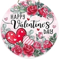 Targa rotonda in legno per San Valentino con rose acquerello e cuori rossi - Stile B Cuore di rosa tondo