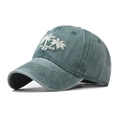 Detail of white palm tree embroidery and Summer text on washed green cotton baseball cap - Adjustable / Dark Green