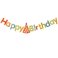 Colorful Happy Birthday paper banner with stars and party hat for baby shower decor - Birthday Hat Style / Colorful