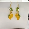 Fresh lemon dangle earrings with white flowers and green leaves on gold hooks - Double Lemon Pendant Style (FH1003-7)