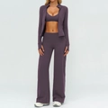 Three-piece dark purple yoga set with zippered jacket, sports bra, and flared pants - S / Top And Bottom / Jacket+Bra+Wide Leg Pants—Eggplant Purple