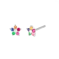 Detailed close-up of silver stud earrings featuring colorful zircon flower petals on white background - Silver Flower Stud - Multicolor Stones