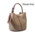 Elephant grey leather bucket bag with litchi texture and silk scarf wrapped handle - Elephant Gray