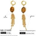 Gold stainless steel drop earrings featuring natural tiger eye stone and elegant tassel - Oval Tiger Eye Tassel Style (NB-E1689)
