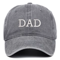 Close-up of white DAD embroidery on dark grey washed cotton vintage baseball cap - DAD Embroidery / Gray