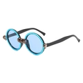 Gothic schedel zonnebril met ronde blauwe glazen en lichtblauwe kraalversiering op frame - Zwart Frame Blauwe Lenzen
