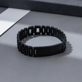 Matte black stainless steel watch band style bracelet with rectangular ID tag engraving plate - 10mm Black Curved Strip Three Beads