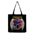 Detailed close-up of skull and wings graphic print on black canvas tote bag - Purple Skull with White Wings and Red Flowers (hm6652)