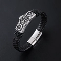 Men's leather woven bracelet with vintage motorcycle metal plate and magnetic clasp - Steel