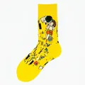 Chaussettes mi-hautes en coton jaune avec imprimé du tableau Le Baiser de Klimt - Taille unique / Motif 11/Le Baiser