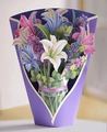 3D pop-up greeting card featuring purple and gold lily and hyacinth paper bouquet - Blue Lilies