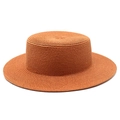 Detailed close-up of a caramel flat-top boater hat in high-quality woven paper straw - M (56-58cm) / Caramel