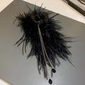 Close-up of black feather hair claw with metal chains and water drop crystal pendants - 59# Black Feather Metal Chain Drop Claw