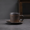 Japanese retro ceramic coffee cup and saucer set with dark metallic glaze and striped texture - 263-c Vertical Striped Coffee Mug + Saucer (rust) 170ml / Universal