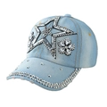 Light blue denim baseball cap with rhinestone star patterns and sparkling brim details - Star Flower Pattern Rhinestone Appliqué (Light Blue)