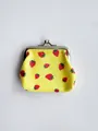 Detail of yellow fabric coin purse with red strawberry prints and retro metal clasp - Strawberry - Yellow / 9x8x2cm