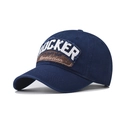 Detail of vintage navy cotton baseball cap with embroidered DOCKER patch and athletic text - Rocker Navy Blue