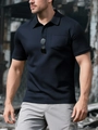 Navy blue men's short sleeve polo shirt with waffle texture and chest pocket - Navy Blue