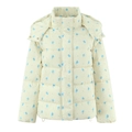 Pale yellow winter hooded puffer jacket with light blue floral print in flat lay view - S / Light Yellow