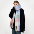 Thick checkered plaid mohair scarf with chunky fringe trim for winter warmth - Blue Green Pink Plaid