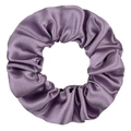 Detailed close-up of a purple satin scrunchie with soft silk texture and elegant folds - Grey Purple