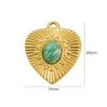 Golden heart pendant with green natural stone inlay and sunburst texture, 19mm by 23mm - Amazonite