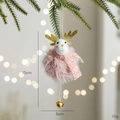 Pink plush reindeer Christmas ornament with gold antlers and bell, 15cm height - Elk