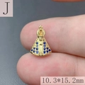Detailed macro view of 10.3x15.2mm gold Virgin Mary pendant with blue rhinestones - Style J