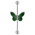 Industrial barbell earring with a green enamel butterfly and silver metal finish - 1.6X38X5X5mm / Olive Green