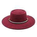 Detail of burgundy wool boater hat with bohemian blue beaded ethnic hatband - M (56-58cm) / Burgundy