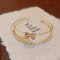 Golden bow cuff bracelet set with pink heart zircons and pavé rectangular crystals - Pink Bow Double Layer Open Style / Gold