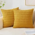 Close-up of two yellow corduroy pillow covers with textured pattern on a beige sofa - 45*45cm (Pillow Not Included) / Mustard Yellow