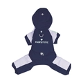 Waterproof navy and purple pet winter jumpsuit with PAWSITIVE print and harness ring - S / Navy Blue