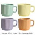 Minimalist macaron-colored ceramic mug set with vertical striped texture and 260ml capacity - Set of 4 (Mint Green/Yellow/Purple/Orange)