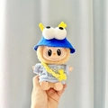 Plush doll accessory set featuring blue bucket hat, grey sweater, and yellow bear bag - Big-eyed Blue Sesame Hat Keychain + Blue Free-spirited Bones / First And Second Generation Keychains Are Compatible With La Cloth Dolls. Dolls Not Included.