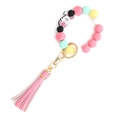 Colorful silicone beaded keychain wristlet with rabbit charm and pink leather tassel - Pink Rabbit