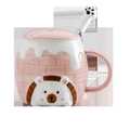 Pink ceramic hedgehog mug with pink and white lid and cat paw handle spoon - Pink Cup + Lid + Silicone Spoon