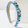 Baroque style light blue denim headband featuring colorful glass gems and sparkling crystals - Light Blue