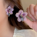 Elegant purple fabric flower earrings with crystal beads shown on a female model - Purple Embroidered Floral Beaded (13#)